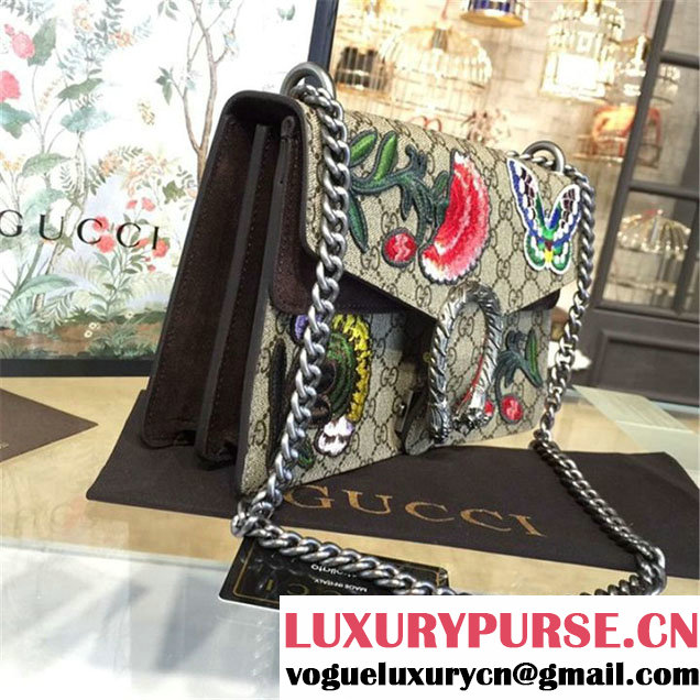 Gucci Dionysus GG Supreme Canvas Butterfly and Flowers Embroidery Medium Shoulder Bag Fall Winter 2016 Collection Brown Suede Beige