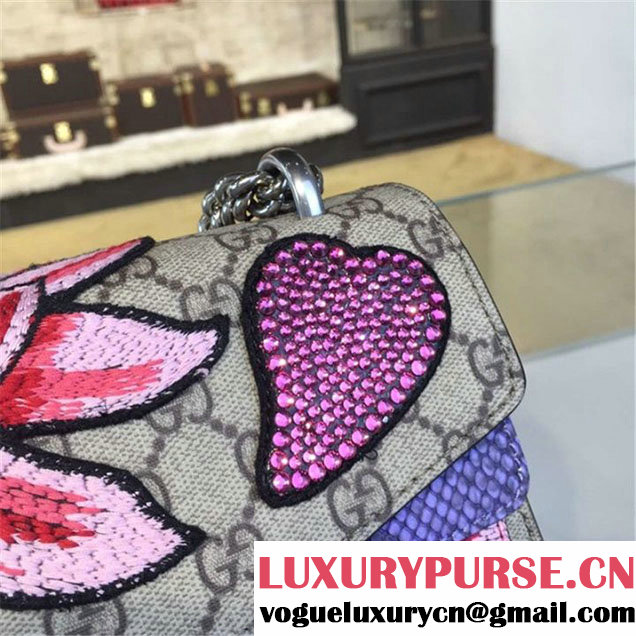 Gucci Dionysus GG Supreme Lilies and Heart Embroidery Canvas Shoulder Medium Bag Sequin Appliqué Fall Winter 2016 Collection Beige Purple Python