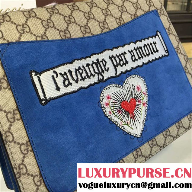 Gucci Dionysus GG Supreme Cat L'aveugie Par Amour Embroidery Canvas Shoulder Medium Bag Fall Winter 2016 Collection Beige Blue Suede