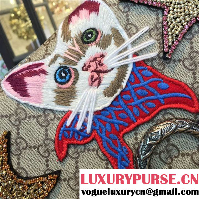 Gucci Dionysus GG Supreme Canvas Shoulder Medium Bag Embroidered Cat Star and Butterflies Bag Fall Winter 2016 Collection Blue Suede Beige