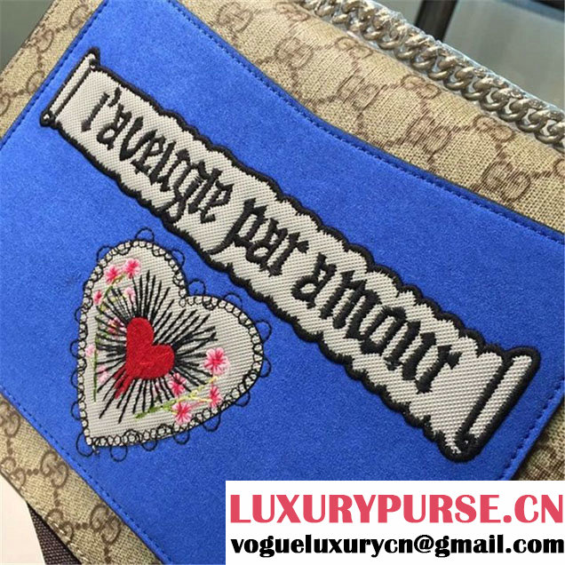 Gucci Dionysus GG Supreme Canvas Shoulder Medium Bag Embroidered Cat Star and Butterflies Bag Fall Winter 2016 Collection Blue Suede Beige