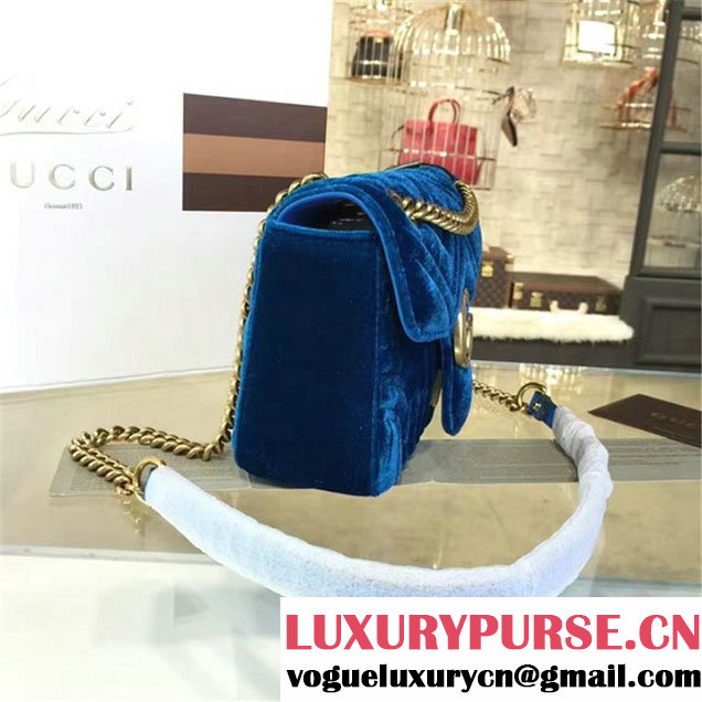 Gucci Velvet Marmont Matelassé Medium Shoulder Bag Original Leather Fall Winter 2016 Collection Teal Blue