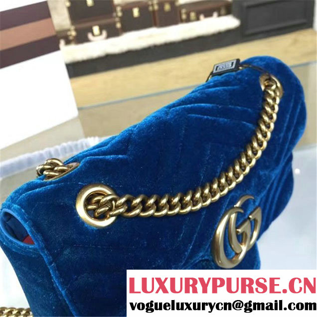 Gucci Velvet Marmont Matelassé Medium Shoulder Bag Original Leather Fall Winter 2016 Collection Teal Blue