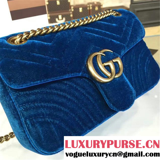 Gucci Velvet Marmont Matelassé Medium Shoulder Bag Original Leather Fall Winter 2016 Collection Teal Blue