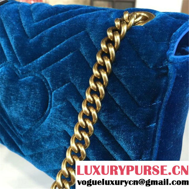 Gucci Velvet Marmont Matelassé Medium Shoulder Bag Original Leather Fall Winter 2016 Collection Teal Blue