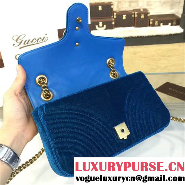 Gucci Velvet Marmont Matelassé Medium Shoulder Bag Original Leather Fall Winter 2016 Collection Teal Blue