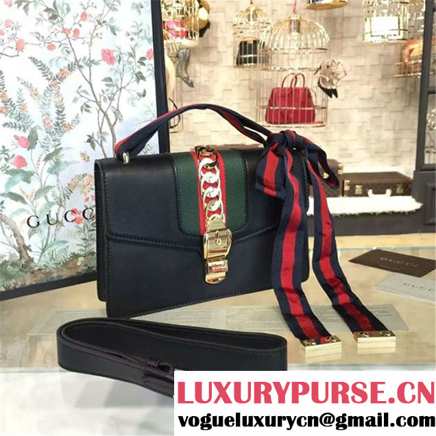 Gucci Sylvie Chain-Embellished Leather Medium Shoulder Bag Calfskin Leather Fall Winter 2016 Collection Black