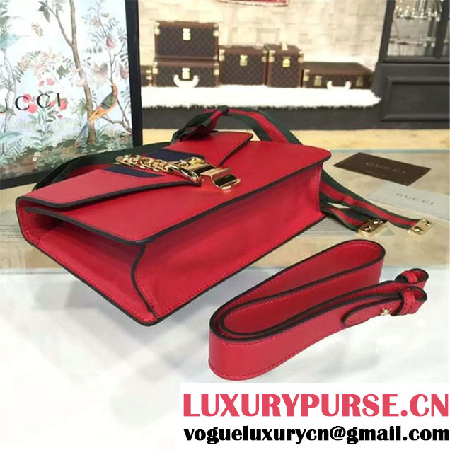 Gucci Sylvie Chain-Embellished Leather Medium Shoulder Bag Calfskin Leather Fall Winter 2016 Collection Red