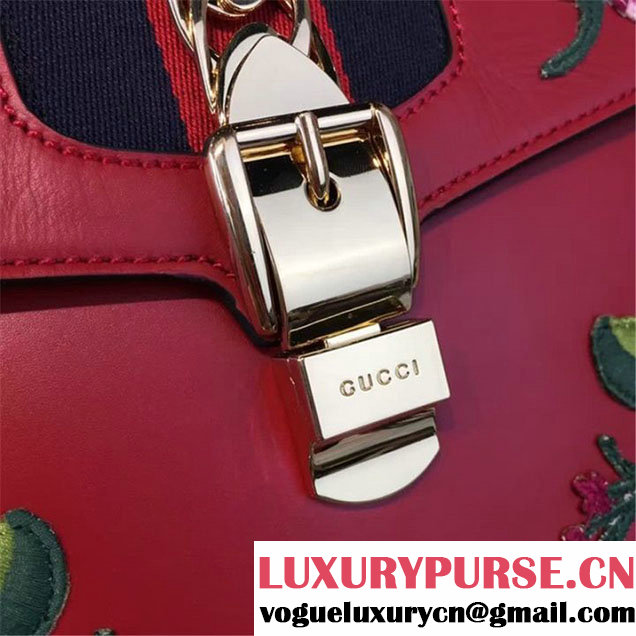 Gucci Sylvie Chain Flower Embroidered Calfskin Leather Large Shoulder Bag Fall Winter 2016 Collection Hibiscus Red