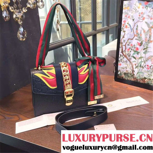 Gucci "Flame" Sylvie Chain-Embellished Embossed Calfskin Leather Medium Shoulder Bag Calfskin Leather Fall Winter 2016 Collection Black