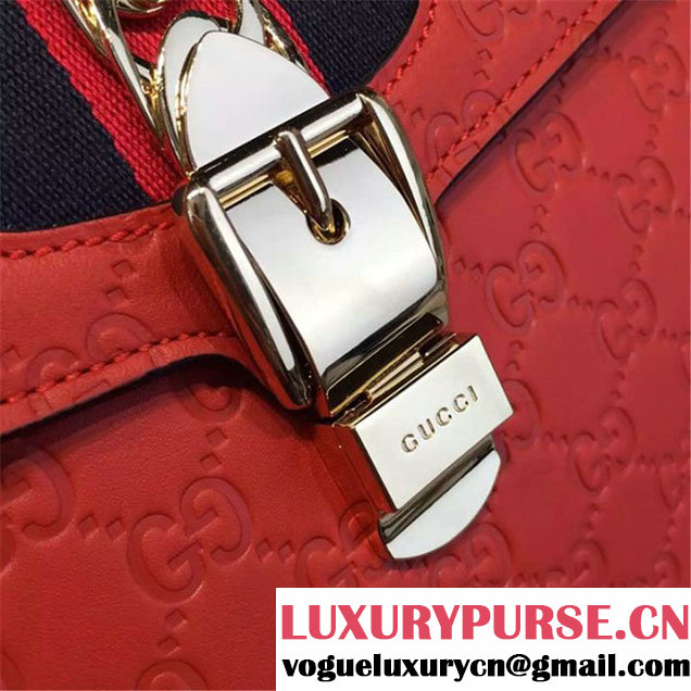 Gucci "Flame" Sylvie Chain-Embellished Embossed Calfskin Leather Large Shoulder Bag Calfskin Leather Fall Winter 2016 Collection Red