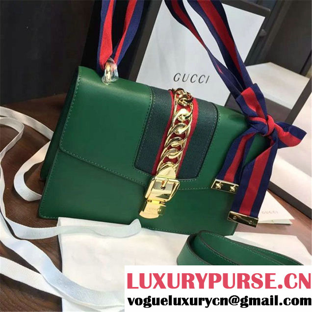 Gucci Sylvie Chain-Embellished Leather Medium Shoulder Bag Calfskin Leather Fall Winter 2016 Collection Green