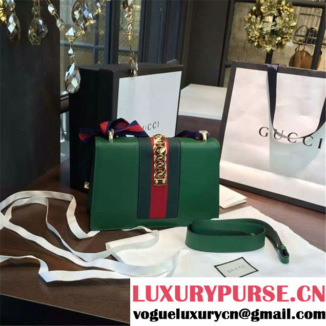Gucci Sylvie Chain-Embellished Leather Medium Shoulder Bag Calfskin Leather Fall Winter 2016 Collection Green