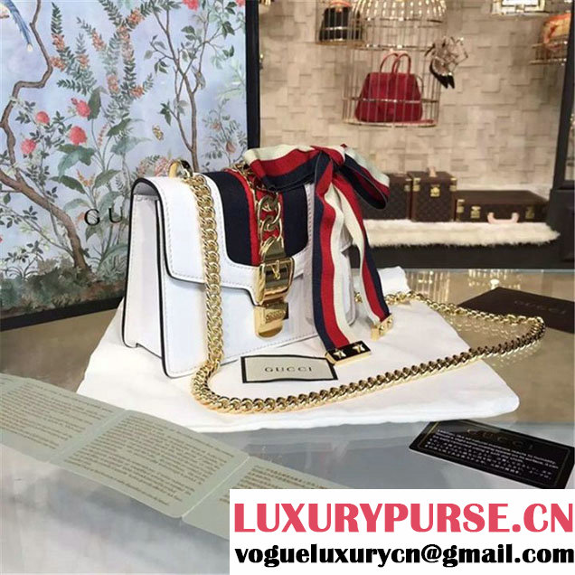 Gucci Sylvie Chain-Embellished Leather Mini Shoulder Bag Calfskin Leather Fall Winter 2016 Collection White