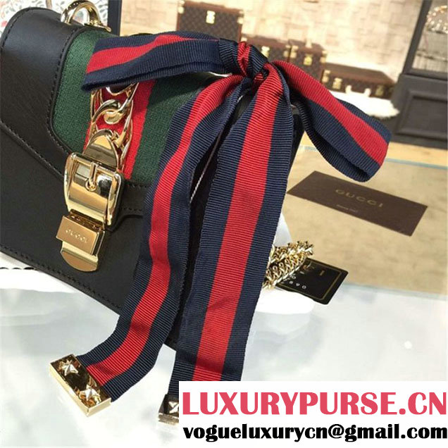 Gucci Sylvie Chain-Embellished Leather Mini Shoulder Bag Calfskin Leather Fall Winter 2016 Collection Black