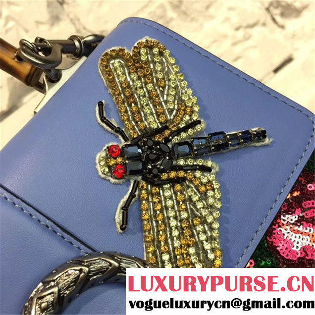 Gucci Dionysus Bamboo Top Handle Bag with Dragonfly and Roses Appliqués Embroideries 28cm Spring Summer 2017 Collection Purple