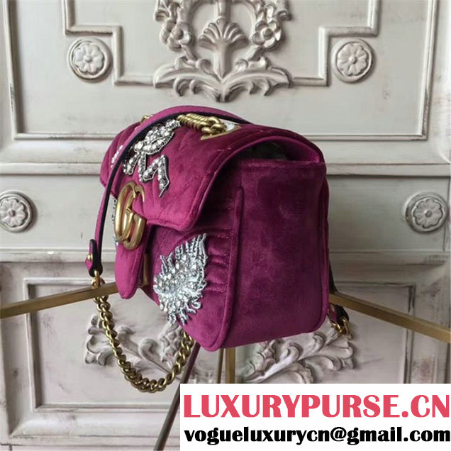 Gucci Bordeaux Feather Embroidered GG Marmont 23cm Shoulder Bag Pre-Fall 2017 Collection Fuschia