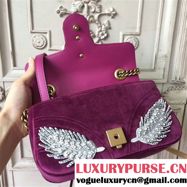 Gucci Bordeaux Feather Embroidered GG Marmont 23cm Shoulder Bag Pre-Fall 2017 Collection Fuschia