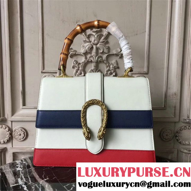 Gucci Dionysus Leather Bamboo Large Top Handle 27cm Bag Fall Winter 2017 Collection White Navy Blue Hibiscus Red