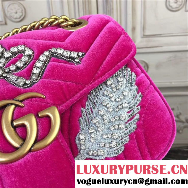 Gucci Marmont Chevron Feather Embroidered Velvet Shoulder Bag 22cm 443497 Fall Winter 2017 Collection Pink
