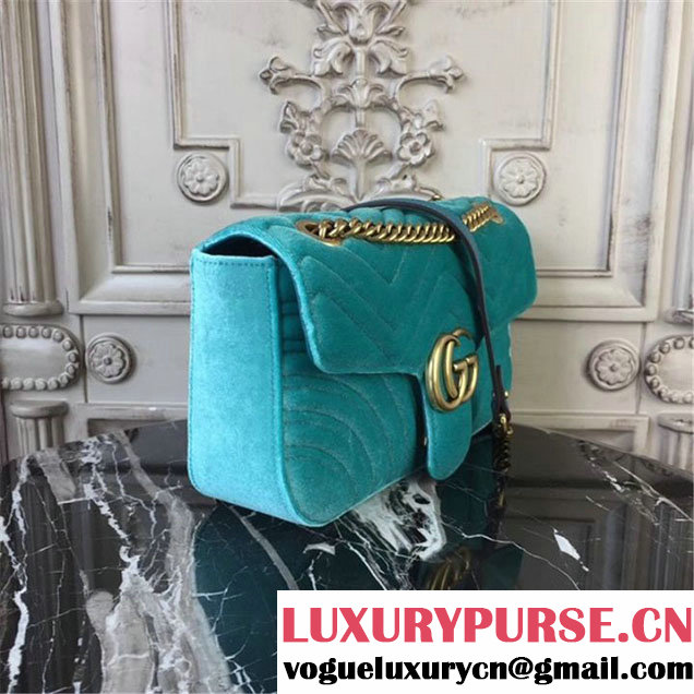 Gucci Marmont Chevron Velvet Shoulder Bag 26cm 443497 Fall Winter 2017 Collection Turqouise