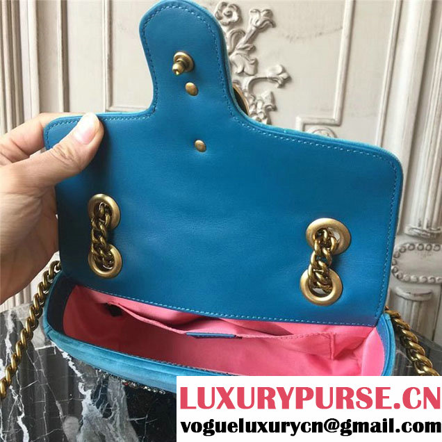 Gucci Marmont Chevron Beetle Embroidered Velvet Shoulder Bag 22cm 443497 Fall Winter 2017 Collection Turquoise