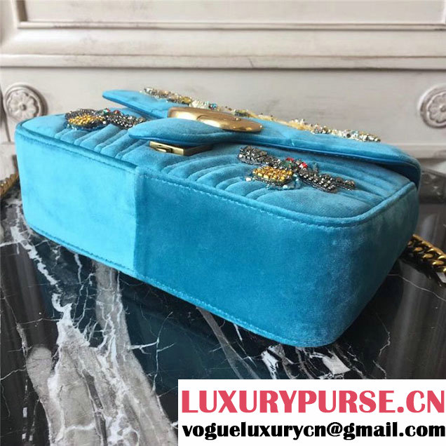 Gucci Marmont Chevron Beetle Embroidered Velvet Shoulder Bag 22cm 443497 Fall Winter 2017 Collection Turquoise