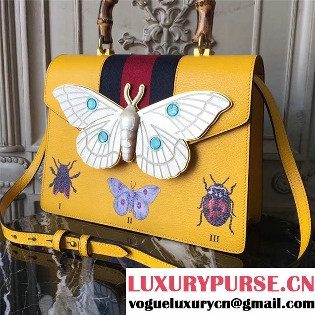 Gucci Falena Moth Bamboo Top Handle Leather Satchel Bag Calfskin Leather 30cm 488691 Fall Winter 2017 Collection Yellow