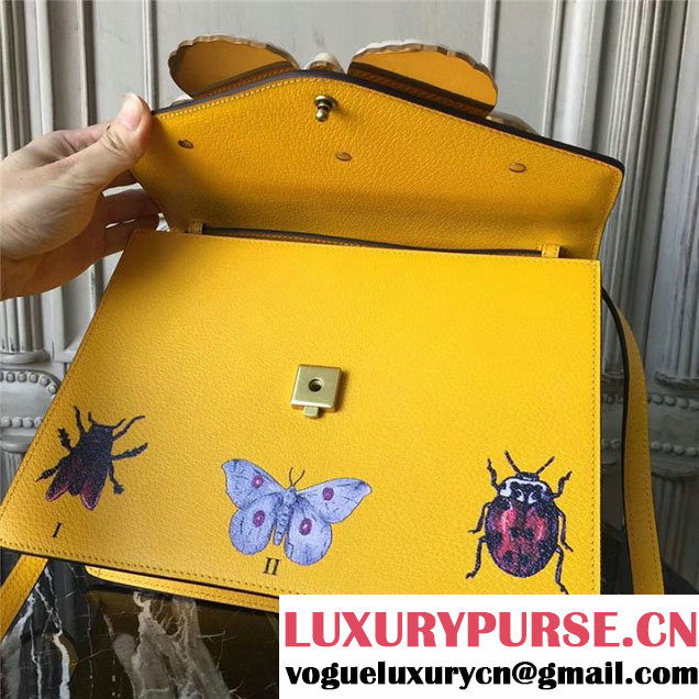 Gucci Falena Moth Bamboo Top Handle Leather Satchel Bag Calfskin Leather 30cm 488691 Fall Winter 2017 Collection Yellow
