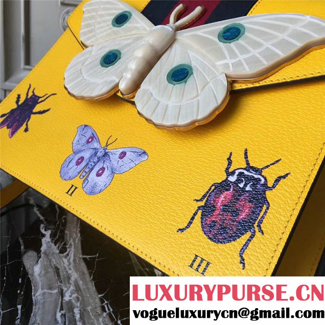 Gucci Falena Moth Bamboo Top Handle Leather Satchel Bag Calfskin Leather 30cm 488691 Fall Winter 2017 Collection Yellow