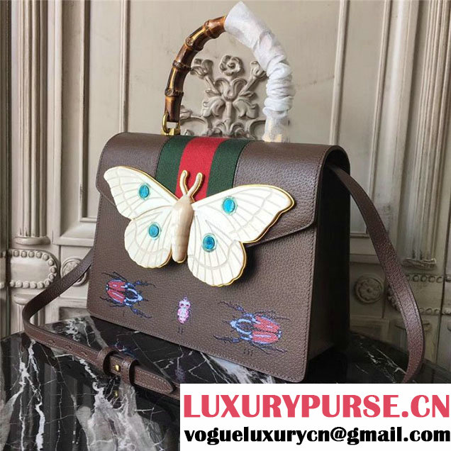 Gucci Falena Moth Bamboo Top Handle Leather Satchel Bag Calfskin Leather 30cm 488691 Fall Winter 2017 Collection Brown