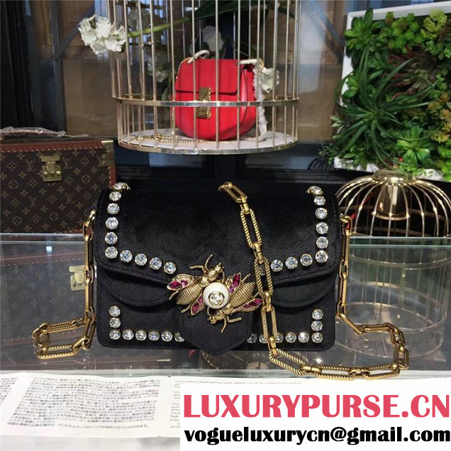 Gucci Broadway Bee Velvet Shoulder Bag with Crystals 18cm 489218 Fall Winter 2017 Collection Black