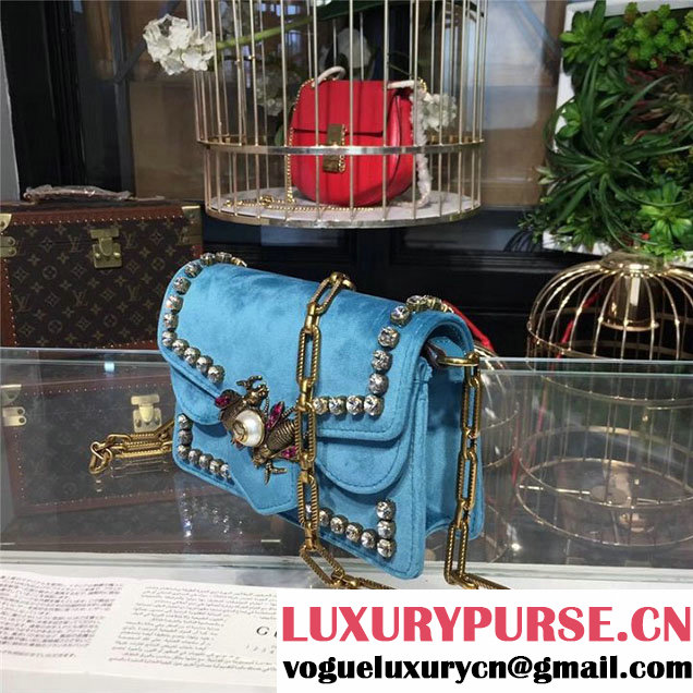 Gucci Broadway Bee Velvet Shoulder Bag with Crystals 18cm 489218 Fall Winter 2017 Collection Turquoise