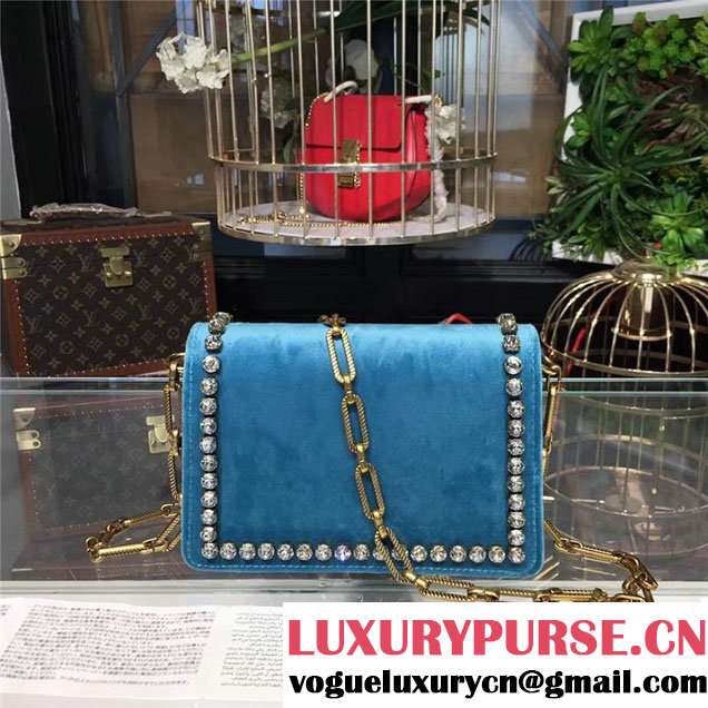 Gucci Broadway Bee Velvet Shoulder Bag with Crystals 18cm 489218 Fall Winter 2017 Collection Turquoise