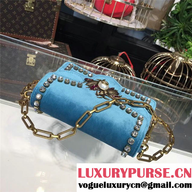 Gucci Broadway Bee Velvet Shoulder Bag with Crystals 18cm 489218 Fall Winter 2017 Collection Turquoise