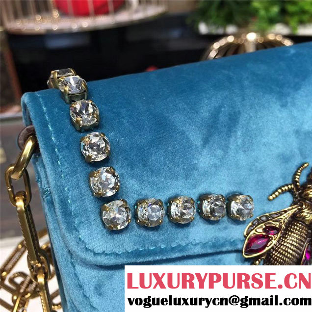 Gucci Broadway Bee Velvet Shoulder Bag with Crystals 18cm 489218 Fall Winter 2017 Collection Turquoise