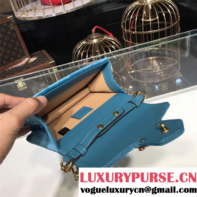 Gucci Broadway Bee Velvet Shoulder Bag with Crystals 18cm 489218 Fall Winter 2017 Collection Turquoise