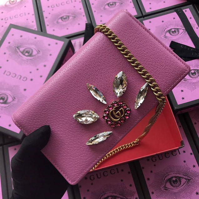 Gucci Leather Mini Chain Bag With Double G And Crystals 499782 Pink Leather