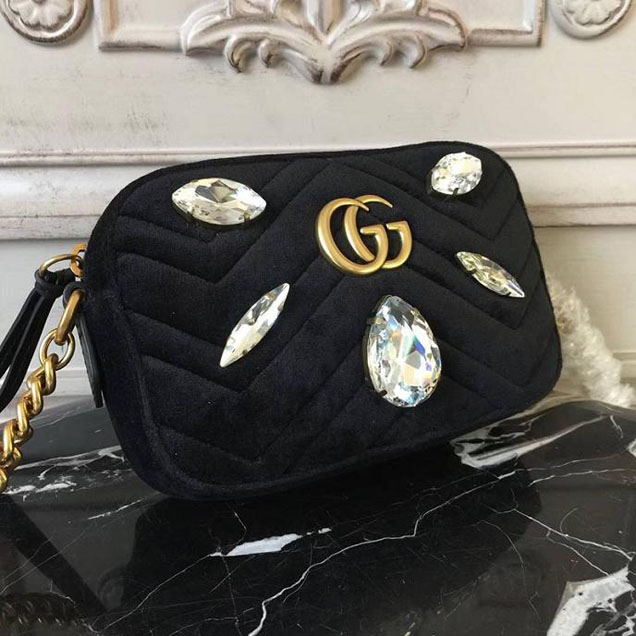 Gucci GG Marmont Velvet Mini Bag With Crystals 476434 2018 Collection Black
