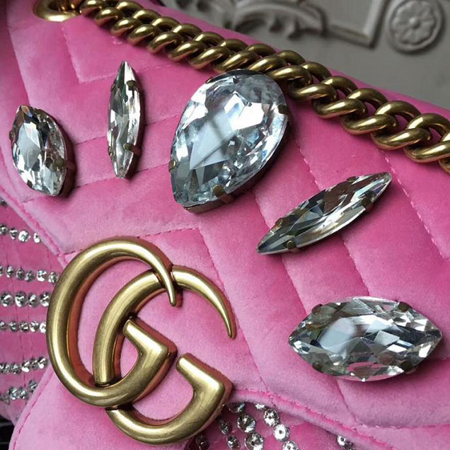 Gucci GG Marmont Velvet Small Shoulder Bag With Crystals 443497 Pink 2018 Collection