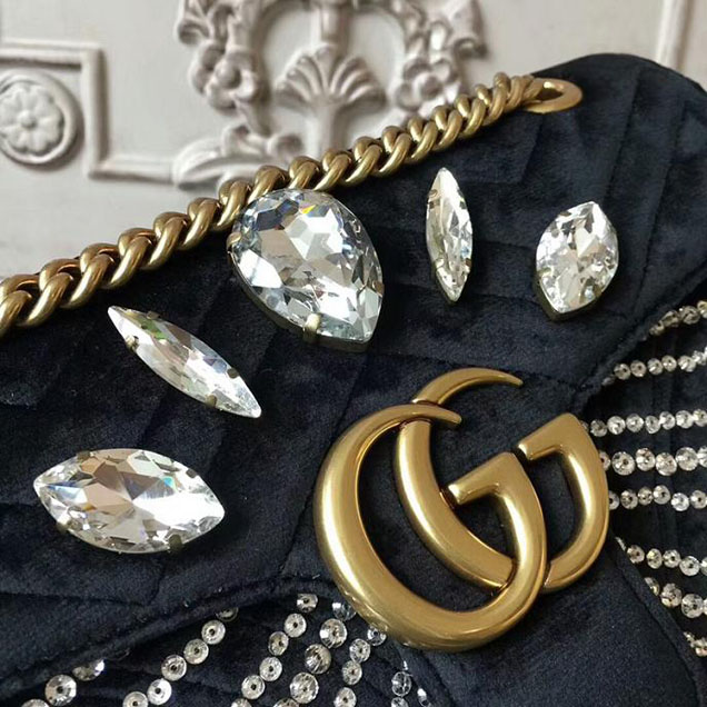 Gucci GG Marmont Velvet Small Shoulder Bag With Crystals 443497 Black 2018 Collection