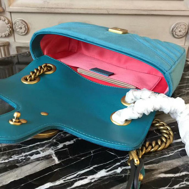 Gucci Marmont Chevron Velvet Shoulder Bag 446744 22cm Turquoise