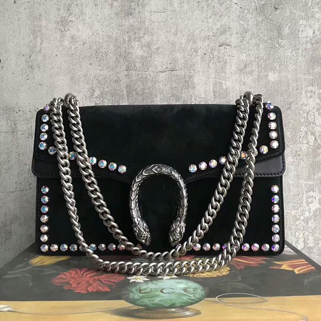 Gucci Dionysus Small Crystal Shoulder Bag 400249 28cm Black Suede