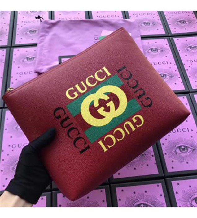GUCCI 500981 Gucci Print Leather Medium Portfolio Red