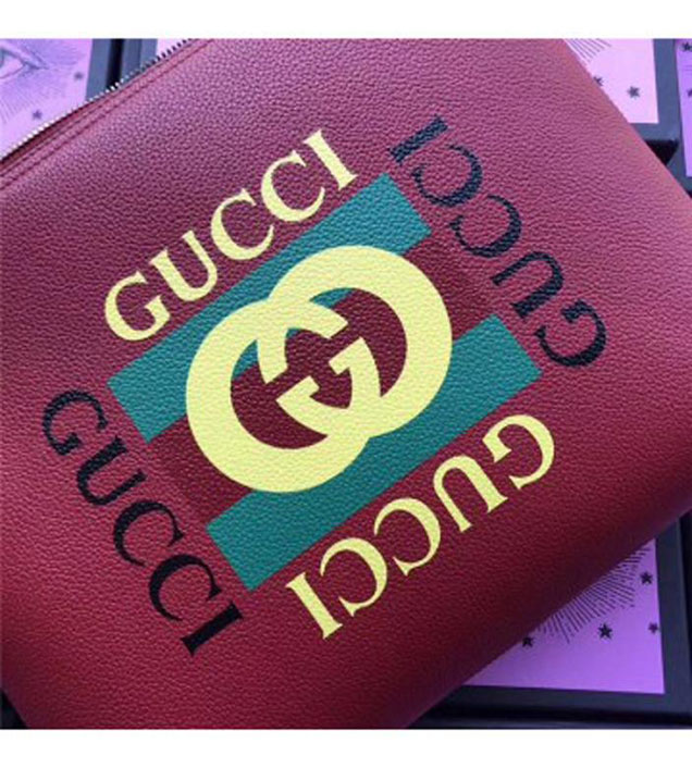 GUCCI 500981 Gucci Print Leather Medium Portfolio Red