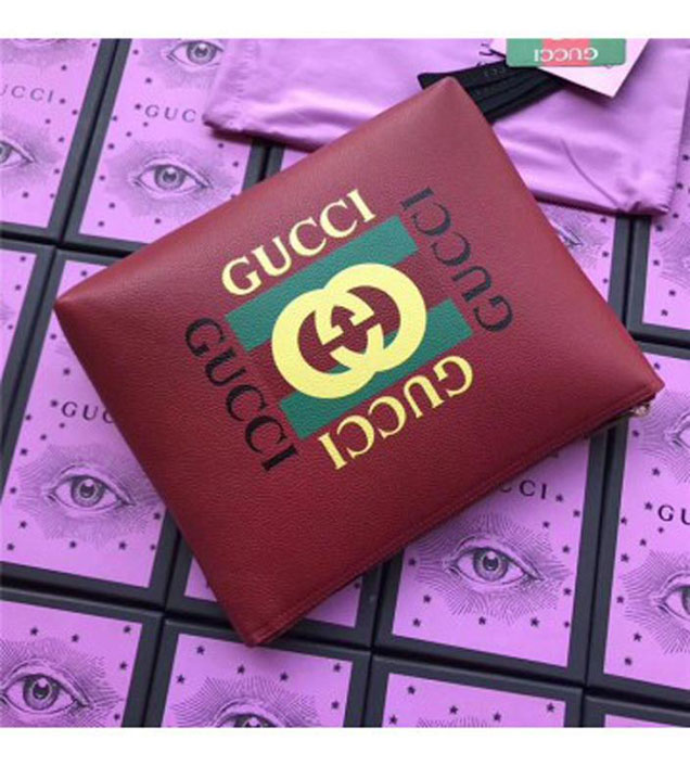 GUCCI 500981 Gucci Print Leather Medium Portfolio Red