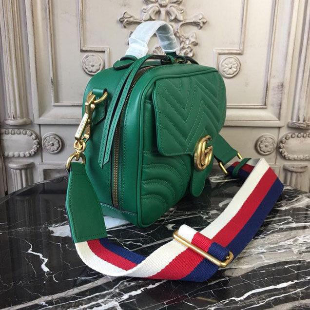 Gucci GG Marmont Chevron Quilted Top Handle Camera Bag 26cm with Sylvie Web Strap Calfskin Leather 498100 Spring Summer 2018 Collection Green