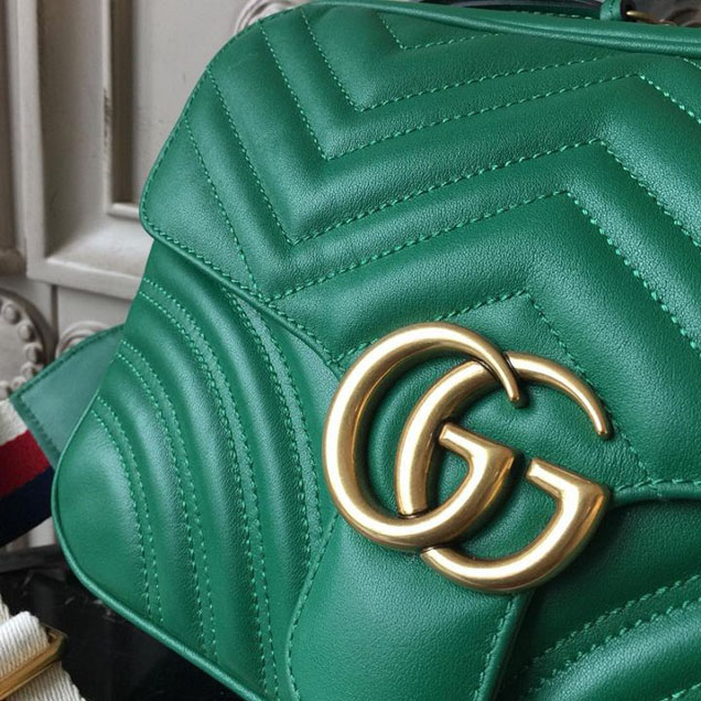 Gucci GG Marmont Chevron Quilted Top Handle Camera Bag 26cm with Sylvie Web Strap Calfskin Leather 498100 Spring Summer 2018 Collection Green