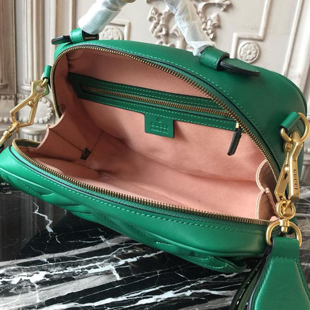 Gucci GG Marmont Chevron Quilted Top Handle Camera Bag 26cm with Sylvie Web Strap Calfskin Leather 498100 Spring Summer 2018 Collection Green