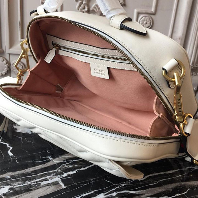 Gucci GG Marmont Chevron Quilted Top Handle Camera Bag 26cm with Sylvie Web Strap Calfskin Leather 498100 Spring Summer 2018 Collection White
